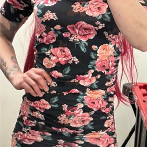 Floral Rose Bodycon Dress - Black with Pink Roses